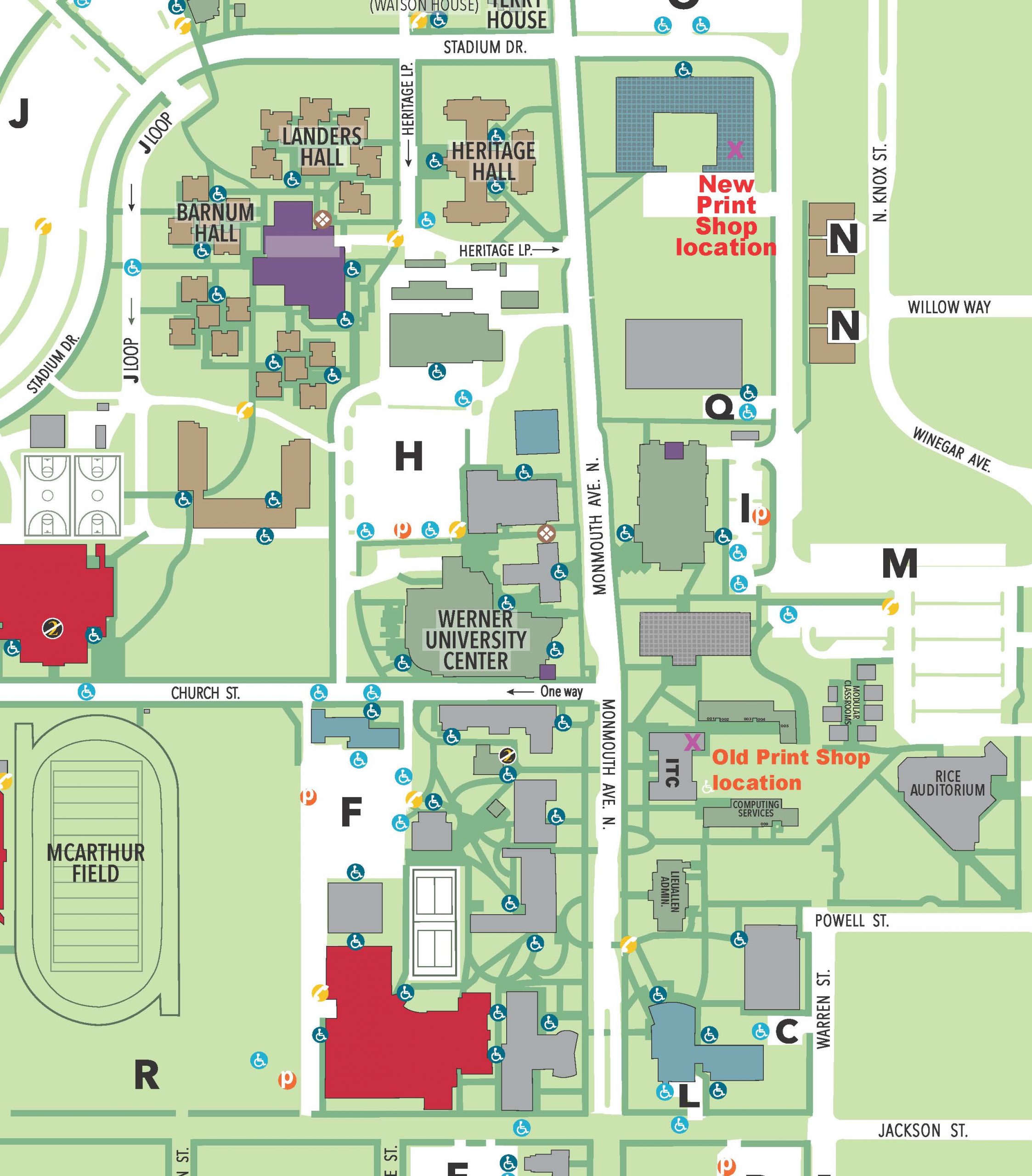 A map of the campus with an X showing the location of the Copy Center