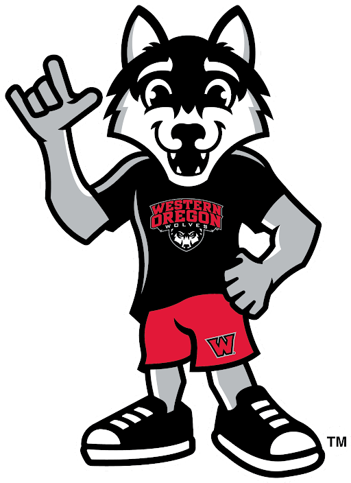 Wolfie has one hand on their hip and the other says "I Love You" in ASL