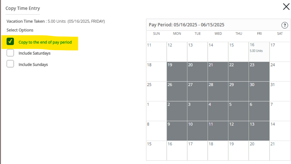 Copy to the end of the pay period calendar image