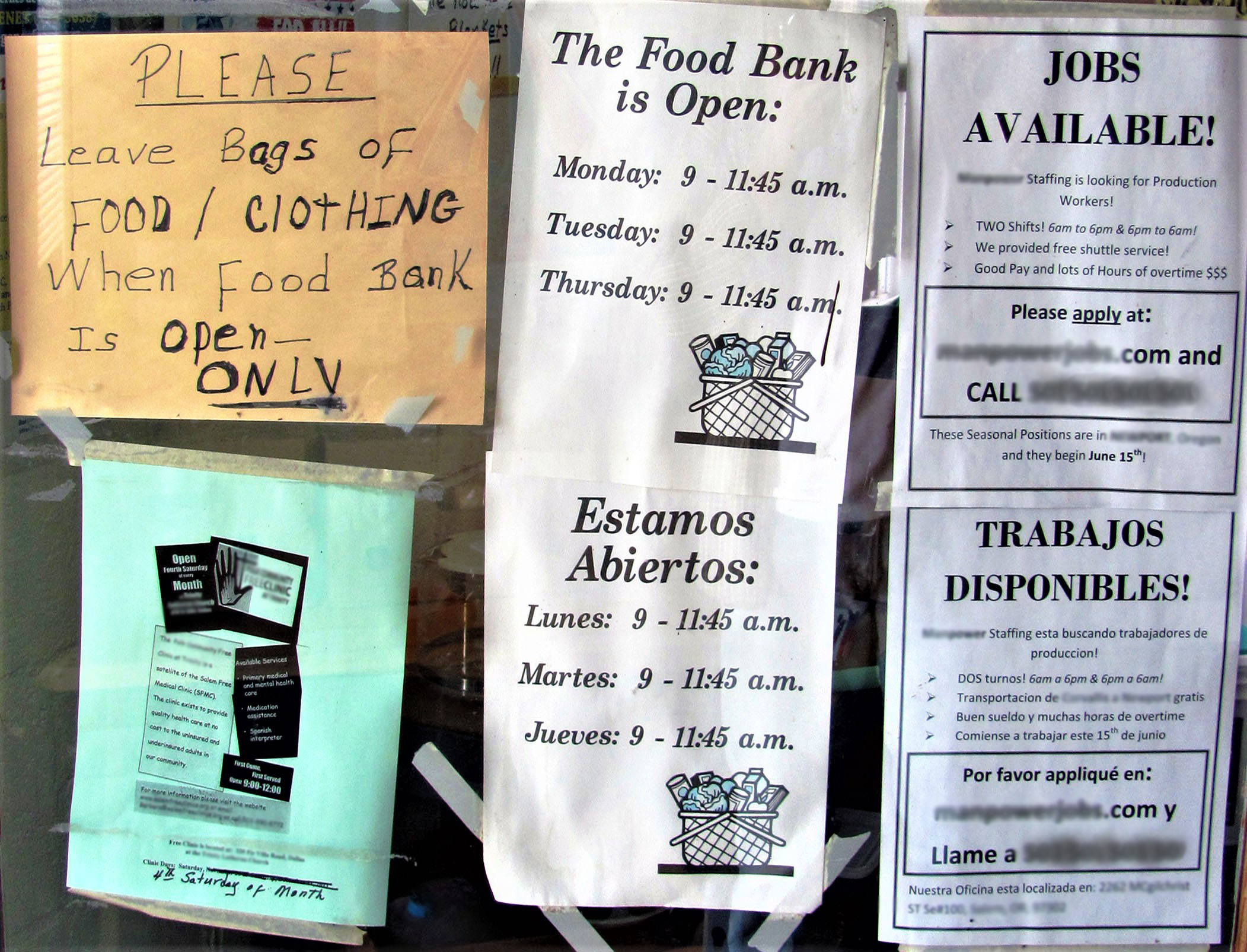 Bilingual postings on a community service door