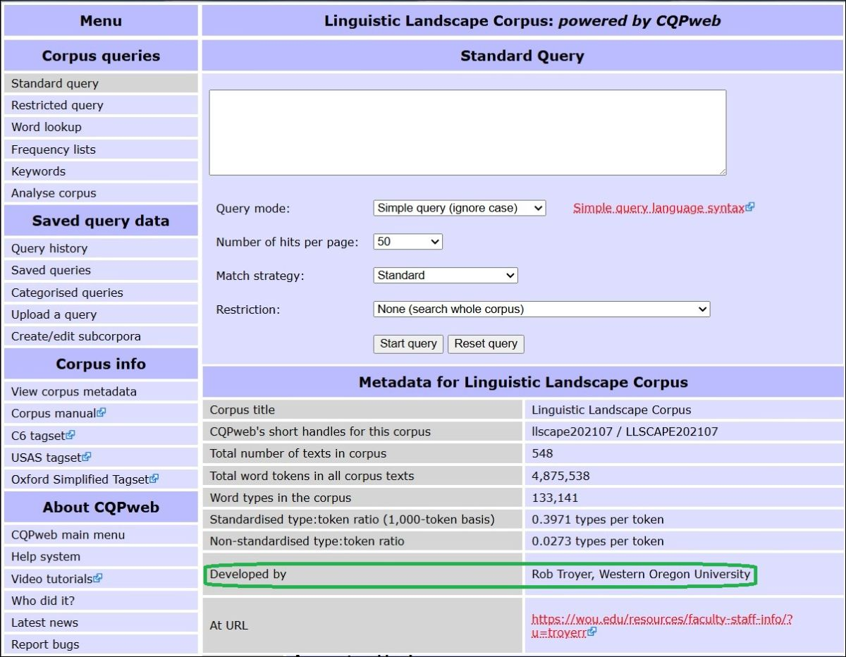 Screenshot of Linguistic Landscape Corpus landing page