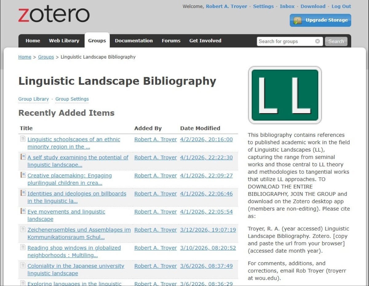 Screenshot of Linguistic Landscape Bibliography on Zotero landing page
