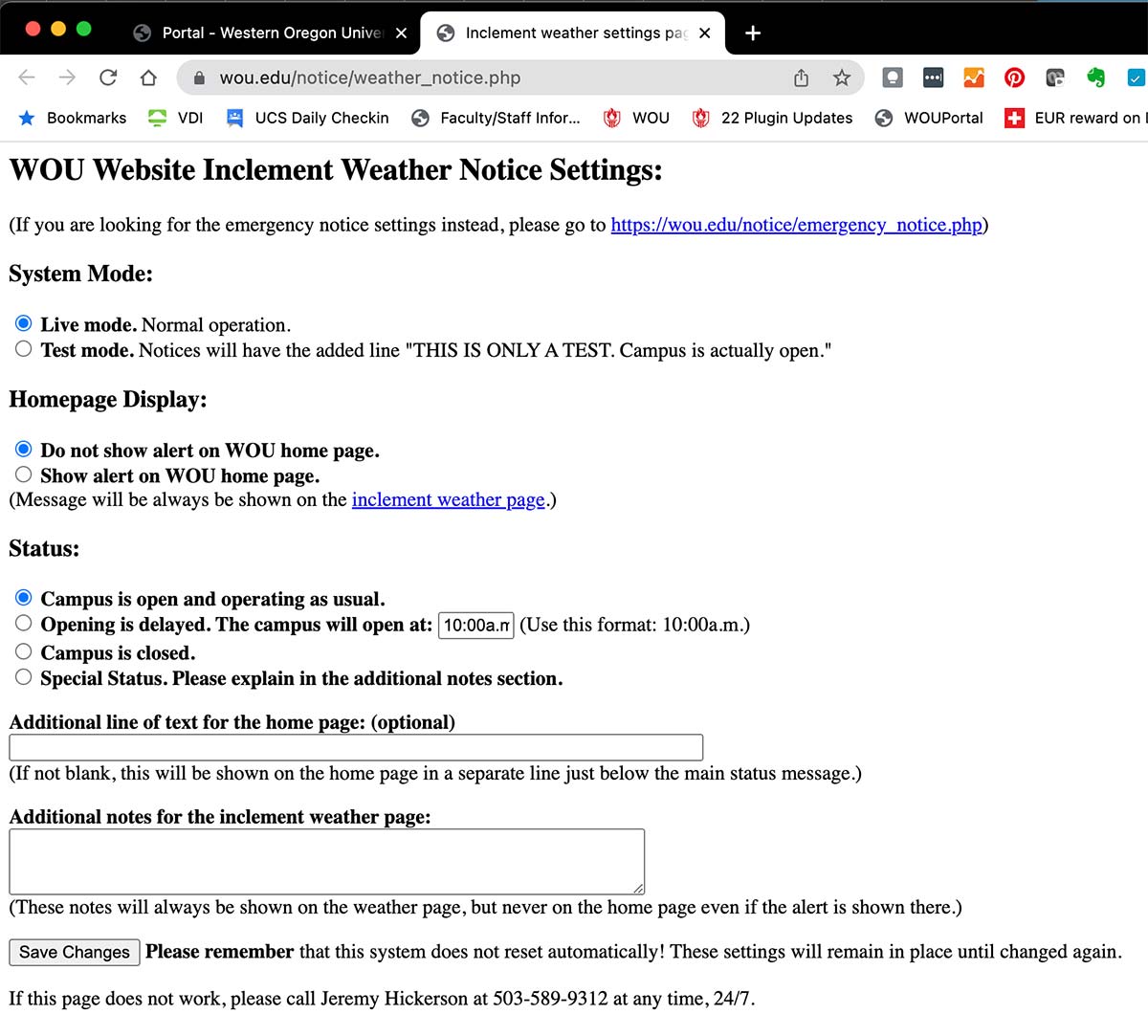 weather-notice-app WOU Inclement Weather Notice Settings page with options to set system mode, homepage alert display, campus status, and add notes.