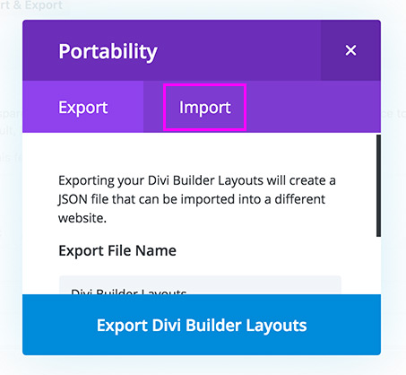 diviTemplate-03 Screenshot in Divi builder mode highlighting Import.