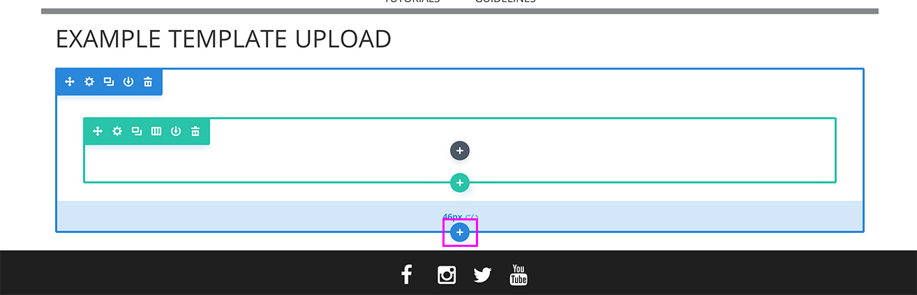 diviTemplate-05 Divi Builder showing section, rows, and modules but highlighting Section.