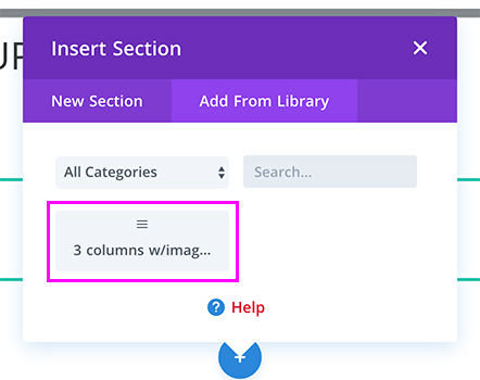 diviTemplate-07 Screenshot of Divi Builder highlighting 3 columns w/image