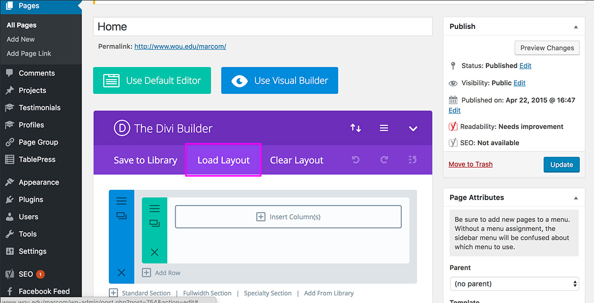 diviTemplate-10 Screenshot of the backend WordPress site in Divi Builder mode highlighting Load Layout