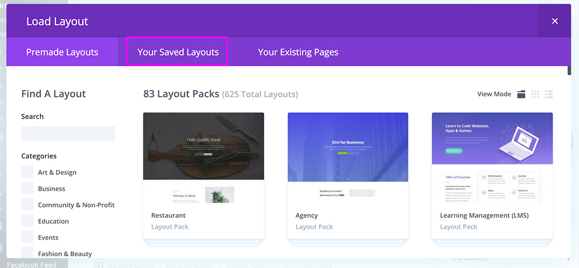 diviTemplate-11 Screenshot of Divi Builder mode highlighting Your Saved Layouts