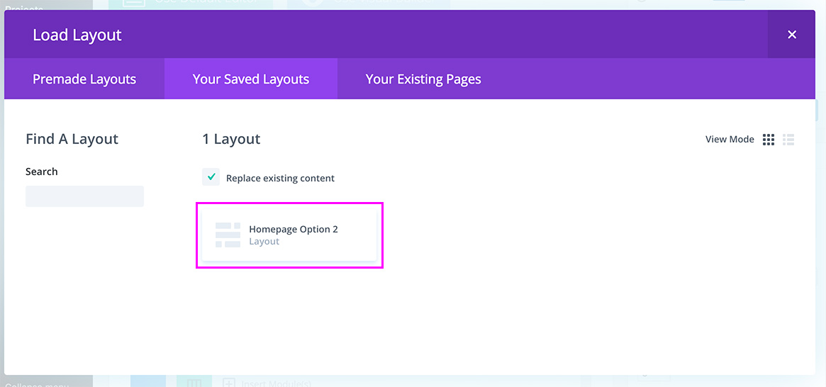 diviTemplate-12 (1) Screenshot of Divi Builder highlighting Homepage Option 2