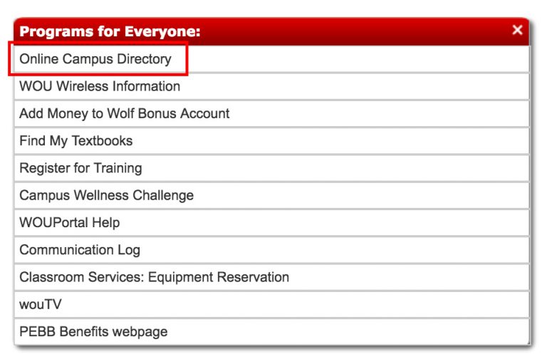 Highlight of Online Campus Directory under Programs for everyone in WOU Portal