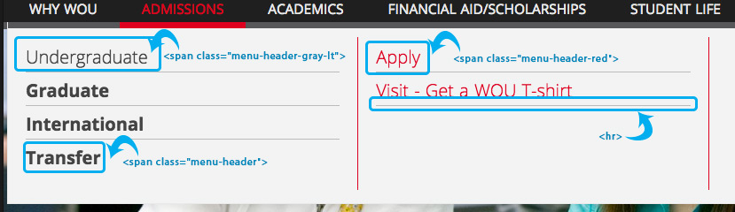 headerStyles-1 Admissions dropdown menu highlighting HTML span classes for Undergraduate, Transfer, Apply, and Visit links.