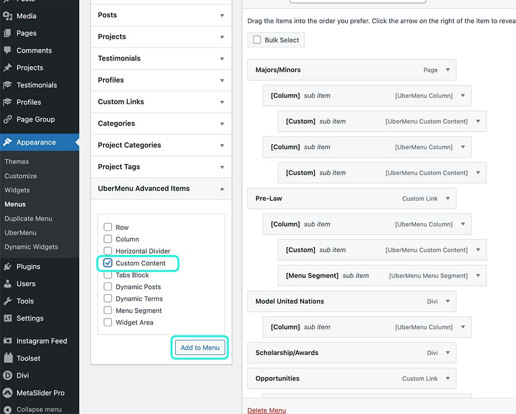 menu1 WordPress UberMenu editor showing custom content selected and menu structure with sub-items.