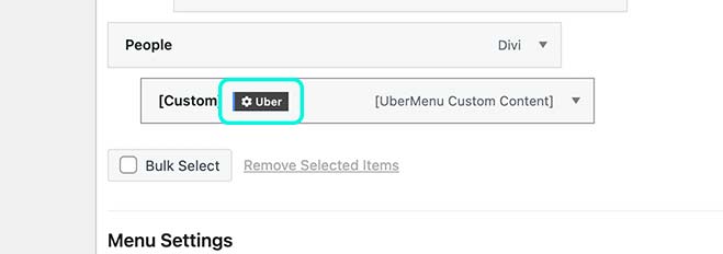 menu2 Custom UberMenu item with gear icon selected under the People menu in WordPress.