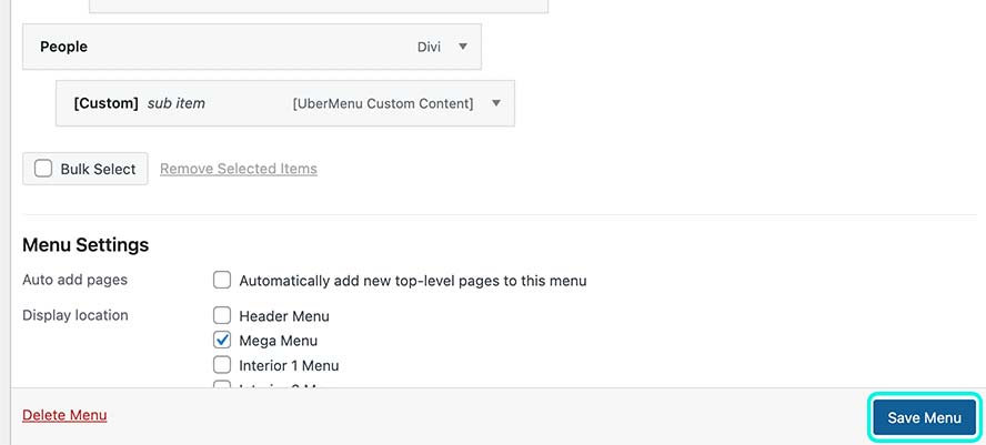 menu4 WordPress menu settings with Mega Menu selected and Save Menu button highlighted.