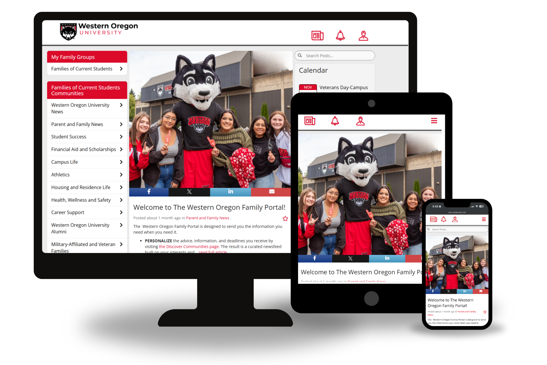 A graphic including a monitor, tablet, and phone design with the Western Oregon Family Portal home page on each screen