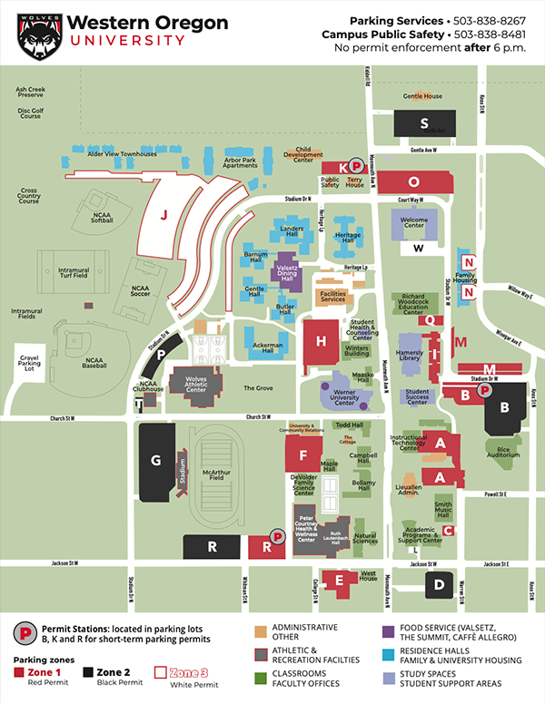Map of Western Oregon campus with several parking lots highlighted
