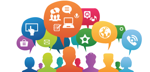 Advisory Stock image of rainbow color people with speech bubbles with random icons