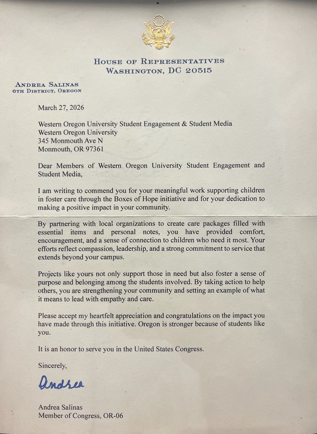 Letter from Oregon Representative Andrea Salinas commending Student Engagement and Student Media on the Boxes of Hope Initiative.