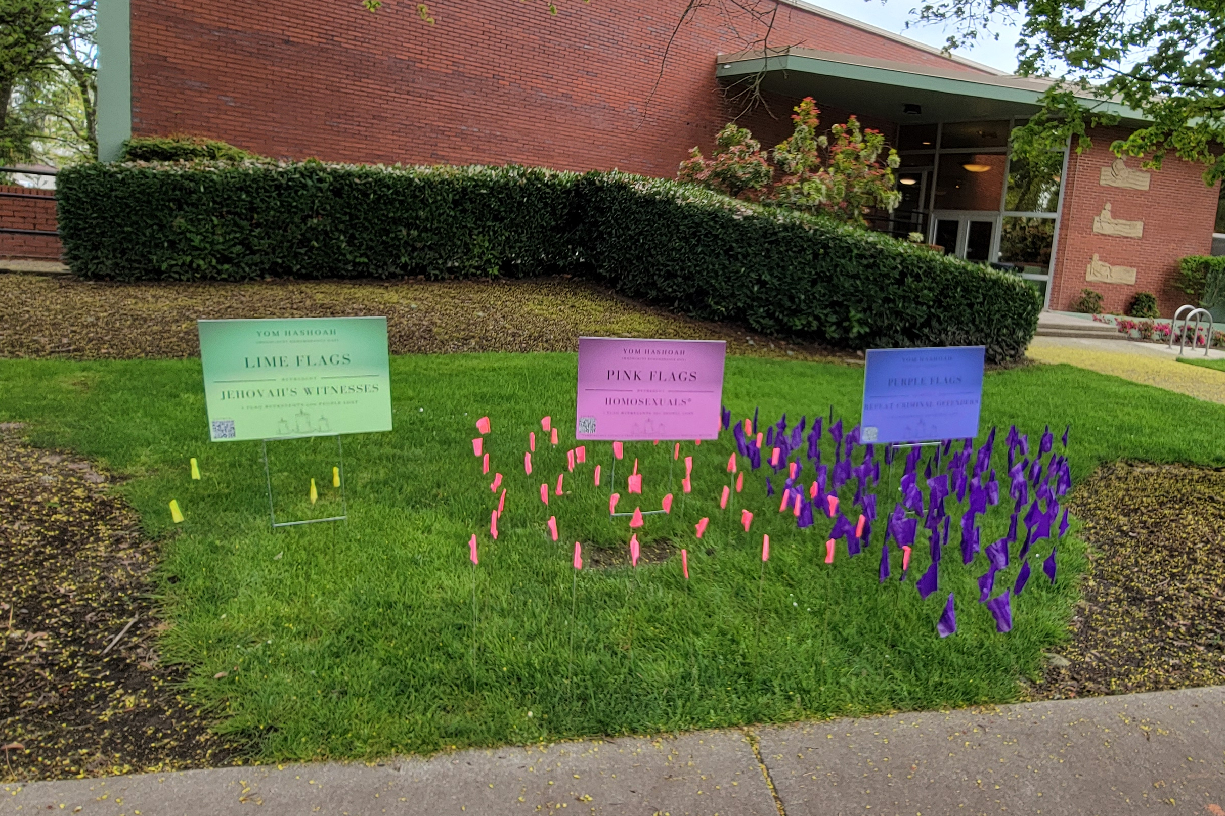 Lime, Pink, and Purple flags.