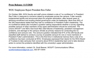 Press Release: WOU Employees Reject President Rex Fuller