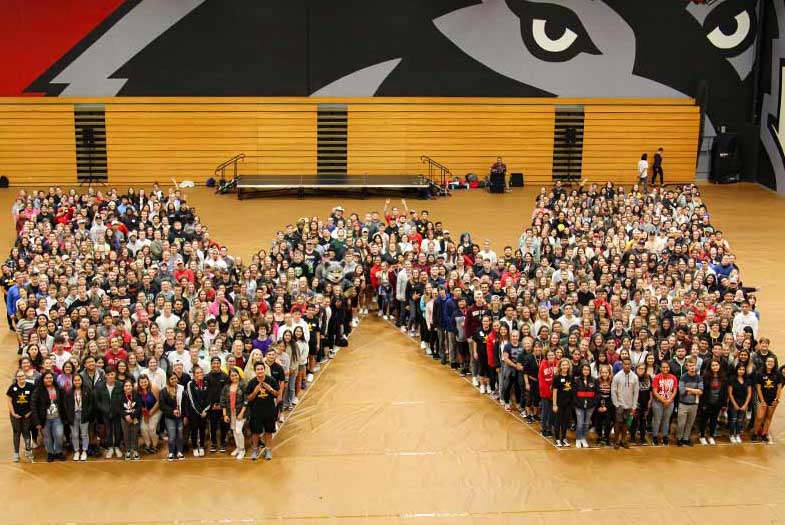 W Western Oregon University students making a W